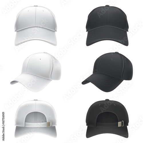 Fotografia Vector realistic illustration of a white and black textile baseball cap front, back and side view, isolated on white