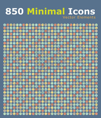 Poster - Set of 850 Minimalistic Solid Colored Icons on Blue Background . Isolated Vector Elements