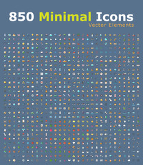 Fototapete - Set of 850 Minimalistic Solid Colored Icons on Blue Background . Isolated Vector Elements