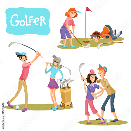 Set Of Vector Illustrations Of Golf Games A Guy And A Girl On A Playing Field With Sticks For A Golf Player In A Cartoon Style Isolated On White Background Stock Vector