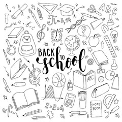 big set of hand drawn doodle welcome back to school with lettering. Hand drawn calligraphy and brush pen lettering phrase back to school