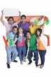 © IndiaPix - Portrait of enthusiastic young friends cheering with Indian flag over white background