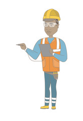 Sticker - Young african electrician in hard hat measuring the voltage output. Electrician holding equipment for measuring of voltage and current. Vector sketch cartoon illustration isolated on white background.