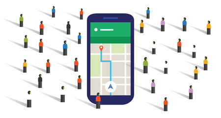 Poster - crowd navigation map screen big smart-phone mobile public together direction