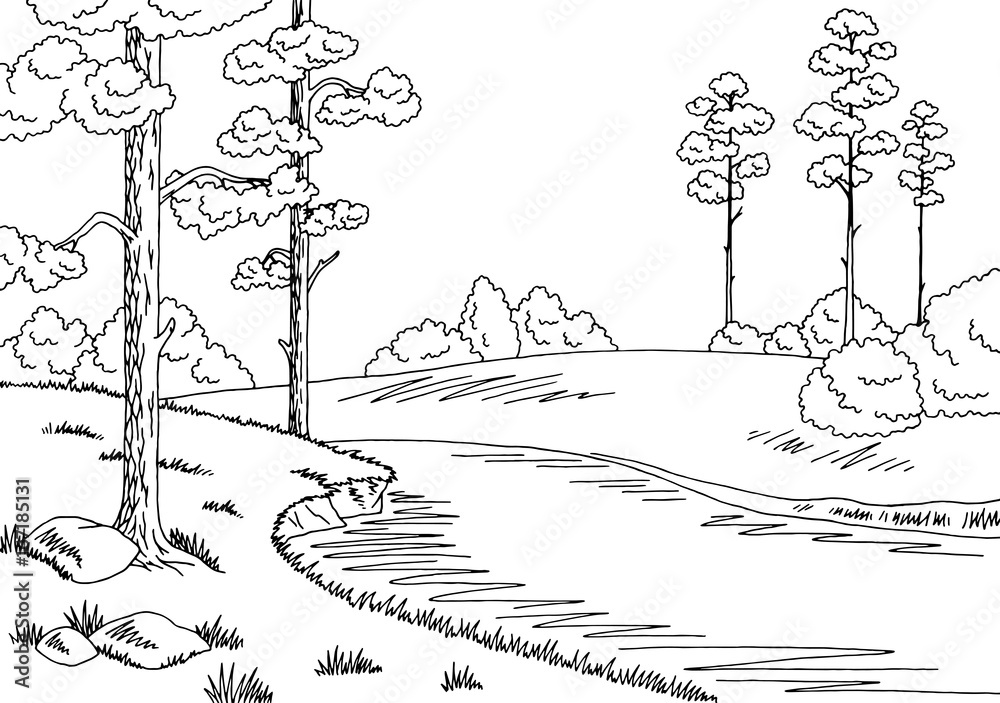 Forest river graphic black white landscape sketch illustration vector ...