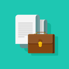 Poster - Big documents with briefcase vector illustration, flat cartoon office paper document, brown leather brief case isolated on color background, concept of business legal or lawyer docs, agreement sheets