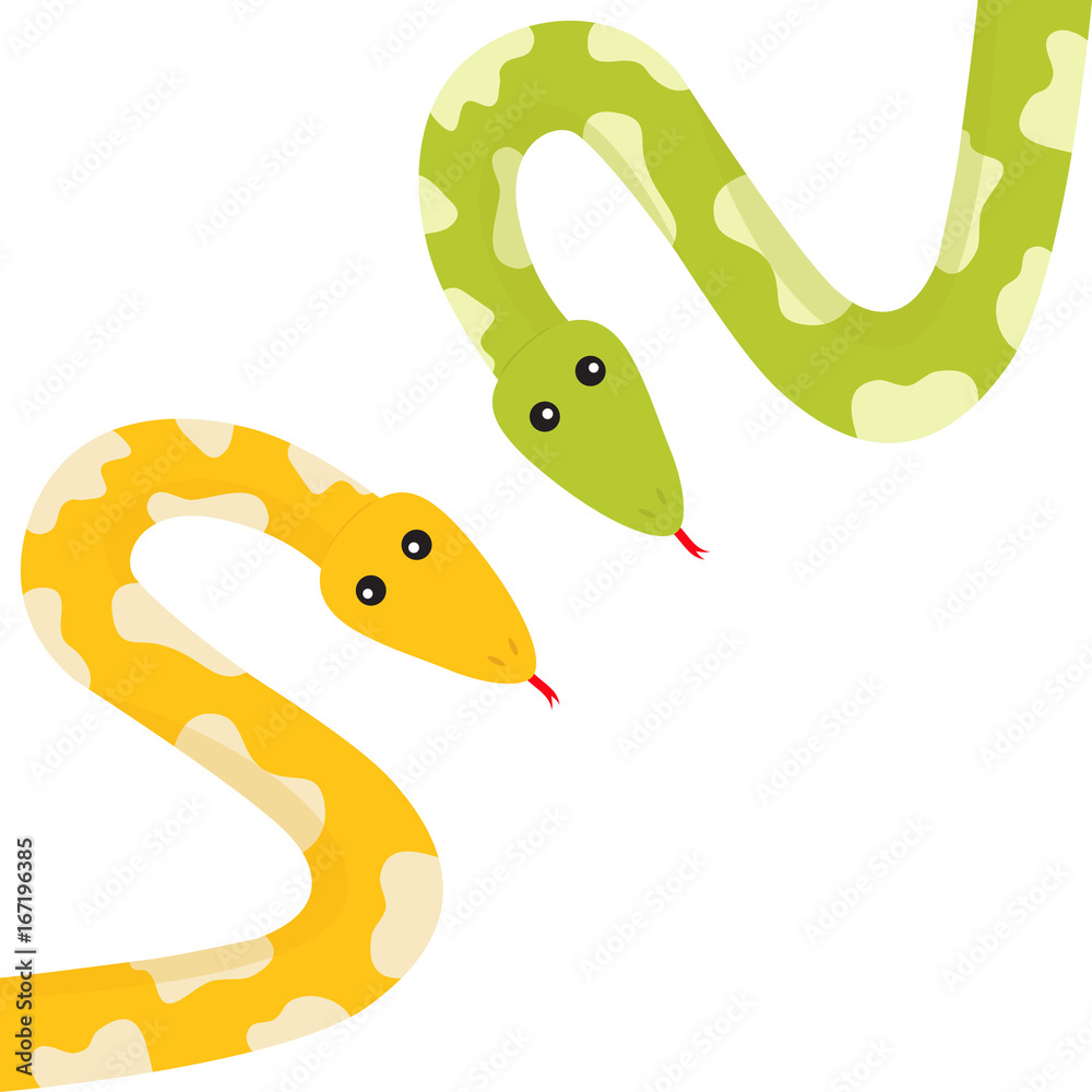Yellow green python snake set with tongue. Golden crawling serpent and ...