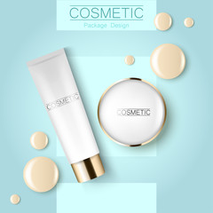 Wall Mural - Concealer and compact foundation and a drop of the design template advertising cosmetics 3d. Top view on a blue background realistic illustration of a packaging design cream.