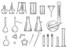 Chemistry Or Physics Equipments Collection Illustration, Drawing, Engraving, Ink, Line Art, Vector