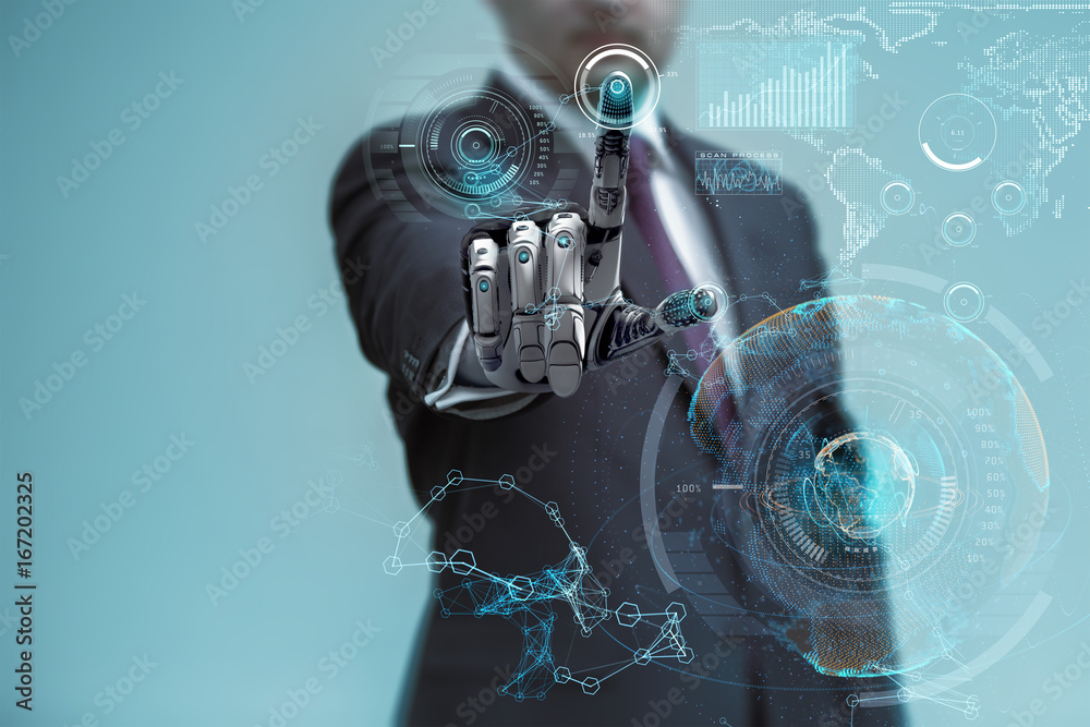 businessman operating virtual hud interface and manipulating elements ...