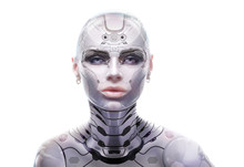 Female Robot Portrait. Cyber-girl Looking Into The Camera