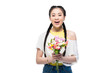 © LIGHTFIELD STUDIOS - happy asian girl holding beautiful blooming flowers and smiling at camera isolated on white