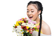 © LIGHTFIELD STUDIOS - happy young asian woman holding bouquet of flowers isolated on white