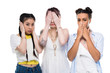 © LIGHTFIELD STUDIOS - multiethnic girls gesturing with hands and closing ears, eyes and mouth isolated on white