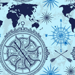  Seamless pattern with vintage compass, world map and wind rose. Retro hand drawn vector illustration on grunge background