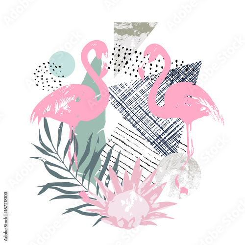 Abstract print with  flamingo and random elements. Retro style. Tropical vect...