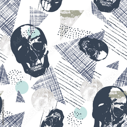 Abstract seamless pattern with watercolor skull and textured triangles. Vecto...