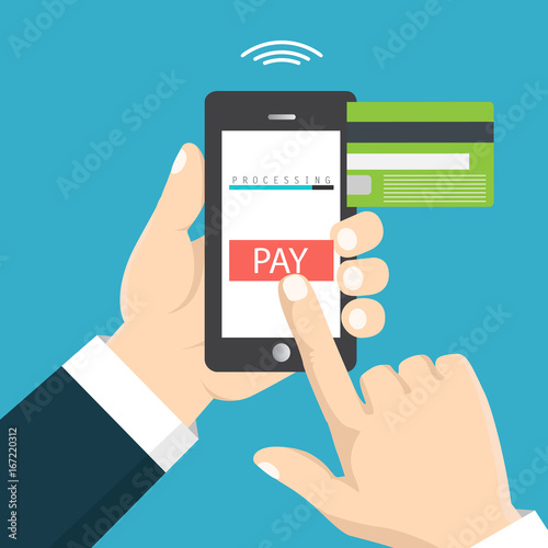 Mobile Payment Concept Hand Holding A Phone Smartphone Wireless Mobile Payment Concept Hand Holding A Phone Smartphone Wireless Money Transfer Flat Design