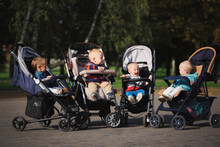 Funny Children Sitting In Strollers In Park