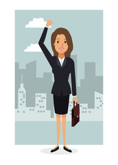 Wall Mural - monochrome city landscape frame background with colorful full body businesswoman vector illustration