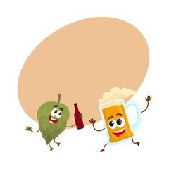 Wall Mural - Funny beer glass and hop characters having fun, drinking, celebrating together, cartoon vector illustration with space for text. Funny beer glass and hop characters with smiling human faces