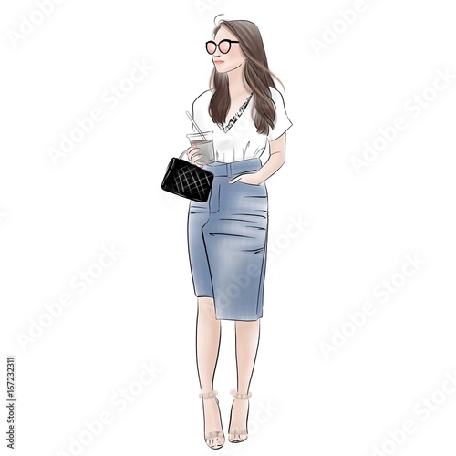 Young Girl Posing With Casual Outfit High Waist Denim Skirt