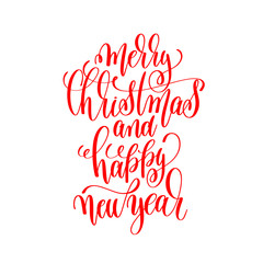 Wall Mural - merry christmas and happy new year - red hand lettering inscript