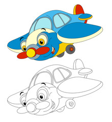 Wall Mural - cartoon happy traditional plane with propeller smiling and flying - coloring page