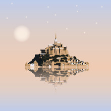 Mont Saint-Michel Abbey At Sunset, France. Tidal Island, Town And Abbey. Vector Illustration EPS10