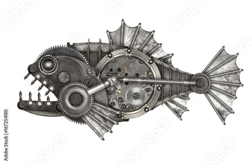 Leinwand Poster  Steampunk style piranha