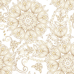  Elegant Oriental seamless pattern with paisley. Decorative gold ornament backdrop for fabric, textile, wrapping paper