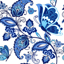 Traditional Oriental Seamless Paisley Pattern. Vintage Flowers Ornament With Butterflies In Blue Colors. Decorative Ornament Backdrop For Fabric, Textile, Wrapping Paper