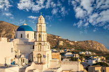 Pyrgos, Santorini Island, Greece. Cycladic Traditional Village With Blue Domes Of Churches And White Houses.