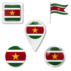 Sticker - Set of icons of the national flag of Suriname in different designs on a white background. Realistic vector illustration. Button, pointer and checkbox.