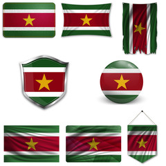 Poster - Set of the national flag of Suriname in different designs on a white background. Realistic vector illustration.