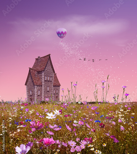 fantasy-field-with-flowers-a-small-house-balloon-and-pink-sky-3d-rendering