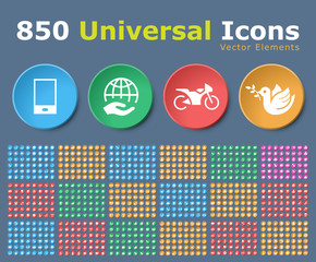 Poster - Set of 850 Universal Isolated Icons on Circular Color Buttons on Color Background. Isolated Vector Elements