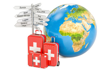 Switzerland travel concept. Suitcases with signpost and Earth Globe, 3D rendering