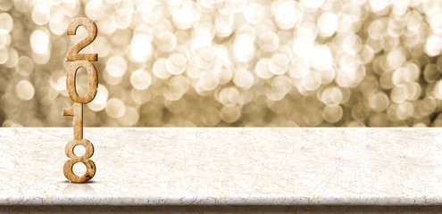Poster - Happy new year 2018 wood number (3d rendering)on marble table with sparkling gold bokeh wall,panoramic banner for display or montage of product for holiday promotion and advertise for online content