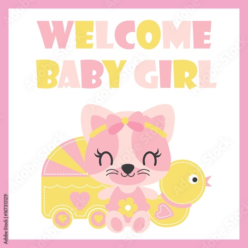 Cute Baby Kitten With Duck Toy And Baby Cart Vector Cartoon Illustration For Baby Shower Card Design Kid T Shirt Design And Wallpaper Buy This Stock Vector And Explore Similar Vectors