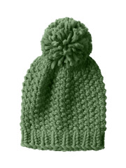 Sticker - Khaki woolen winter cap hat with a pom pom pompon isolated on white