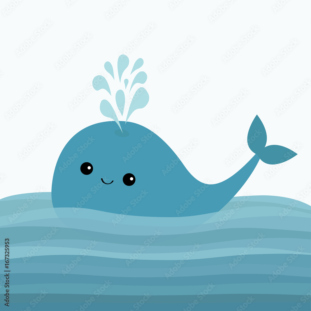 Blue whale and fountain. Sea ocean water with waves. Cute cartoon character  with eyes, tail. Smiling face. Kids background. Baby animal collection.  Flat design White background. Stock Vector | Adobe Stock, image size:1000x1000