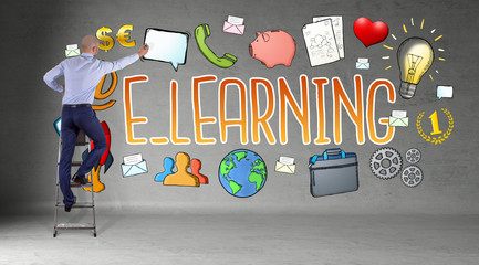 Wall Mural - Businessman drawing e-learning sketch on a wall 3D rendering
