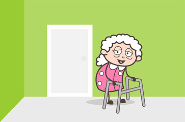 Wall Mural - Cartoon Sick Granny Walking with Walker Support