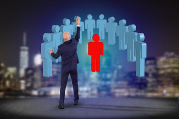 Poster - Businessman in front of a wall Intruder in a group of network people - Business and contact concept