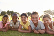 © Monkey Business - Boys and girls lying on grass in Summer, looking to camera