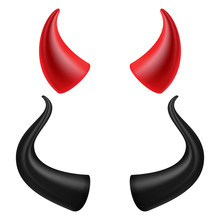 Devils Horns Vector. Realistic Red And Black Devil Horns Set. Isolated On White Illustration.