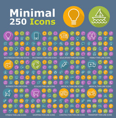 Poster - Set of 250 Universal Flat Minimalistic Thin Line Icons on Circular Colored Buttons ( Business Multimedia Education Ecology Medical Fitness Shopping Construction Transport )