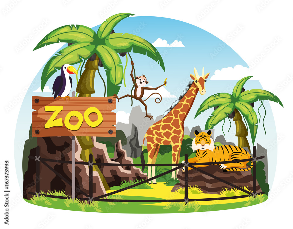 Giraffe and monkey, tiger and toucan at zoo - obrazy, fototapety, plakaty 