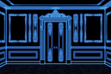 3d illustration of blue wireframe classical interior with the door